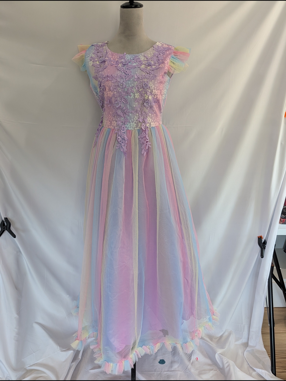 Girls Juniors Size 16 Pastel Rainbow Tulle Sequin Flower Girl Formal Dress - Picture 2 of 5